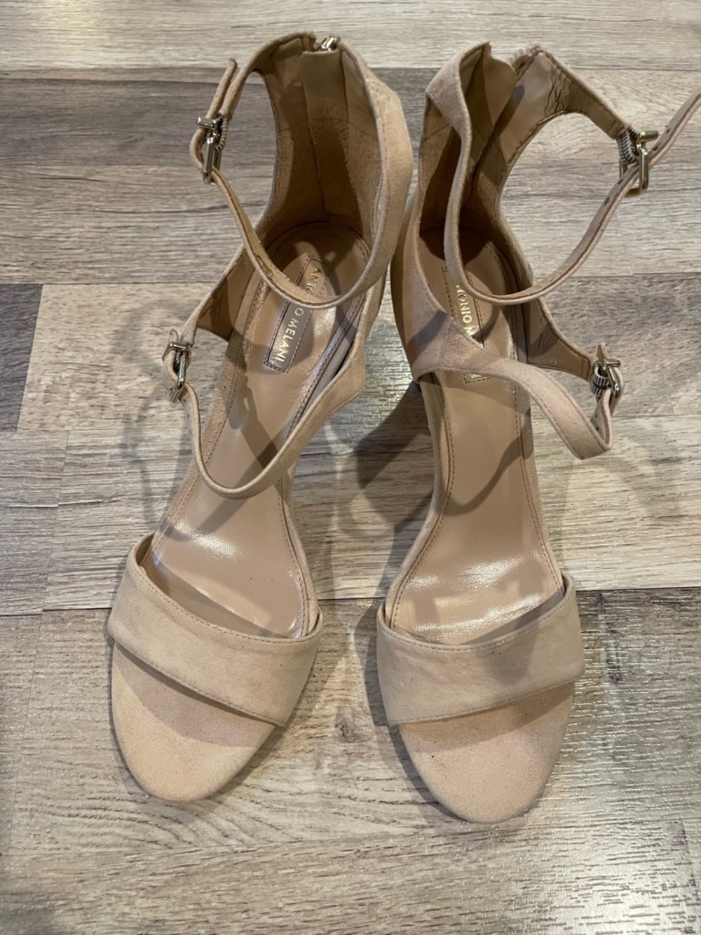 ANTONIO MELANI Beige Suede Ankle-Strap Heels